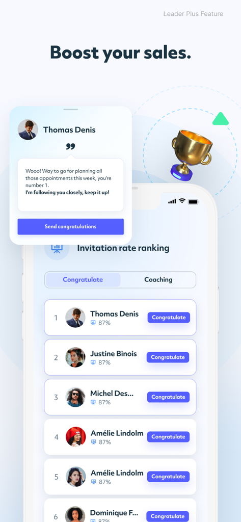 Una captura de pantalla de la aplicación WO mlm que muestra clasificaciones de tasas de invitación de equipo y una notificación de felicitación para un mejor rendimiento.