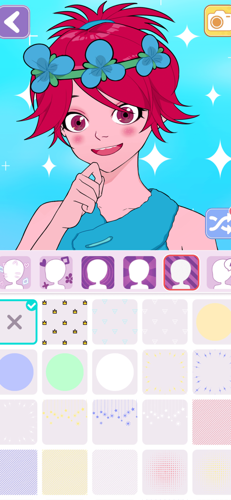 Pantalla de selección de fondo en Vlinder Avatar Maker con un personaje de anime personalizado con cabello rojo y flores azules