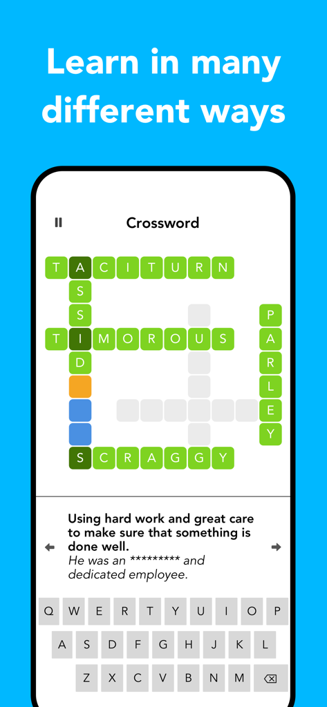 WordPal app interface showing a crossword puzzle game for vocabulary building