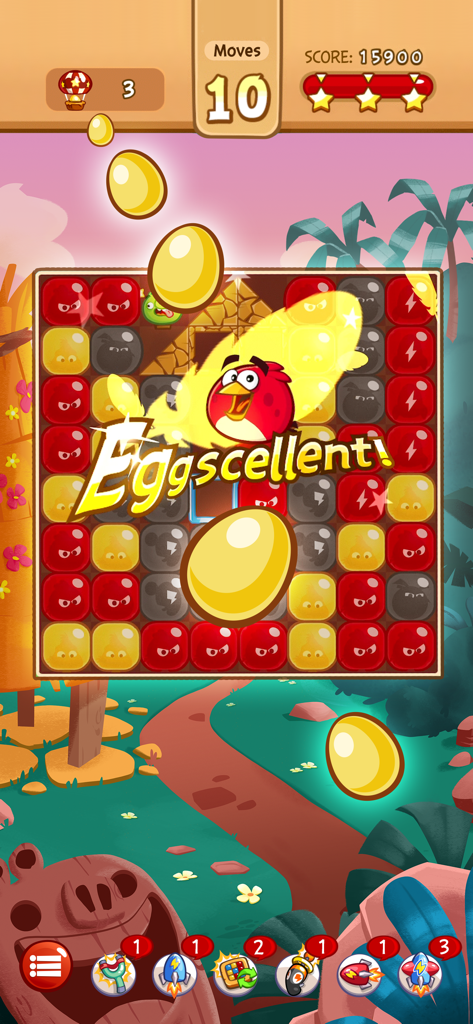 Angry Birds Blast - Angry Birds Blast puzzle screen with Eggscellent win message and golden eggs falling over a grid of character blocks