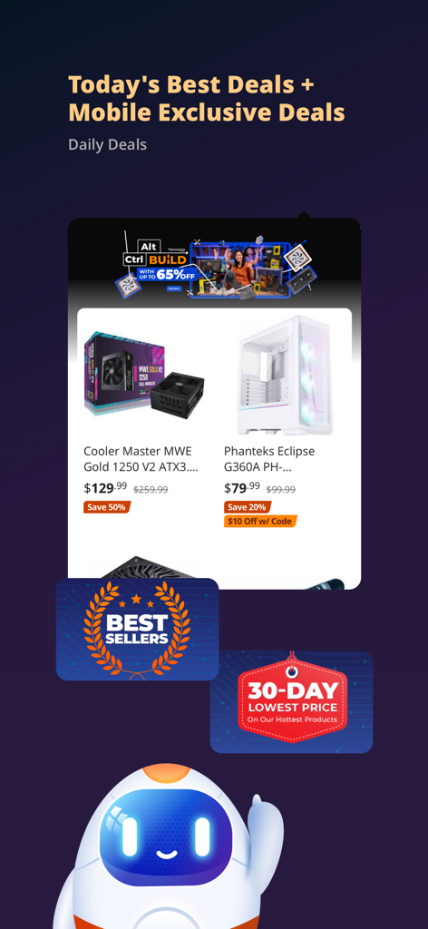 A screenshot of the Newegg app showcasing daily and mobile exclusive deals on PC components like power supplies and computer cases.