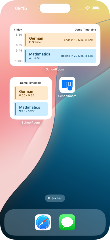 SchoolRoom - SchoolRoom app widgets on an iPhone home screen displaying a school timetable
