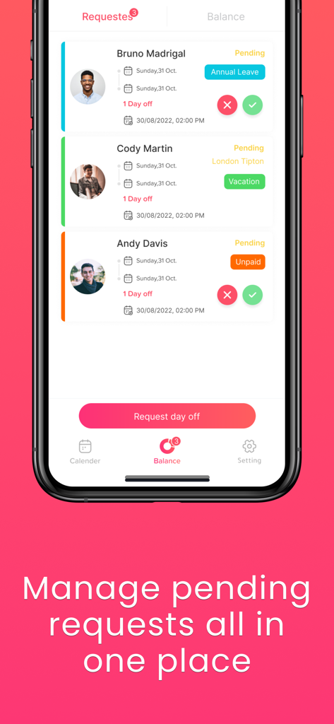Day Off - Leave Tracker & PTO - Mobile interface of Day Off app showing a list of pending employee leave requests with approve and reject buttons.