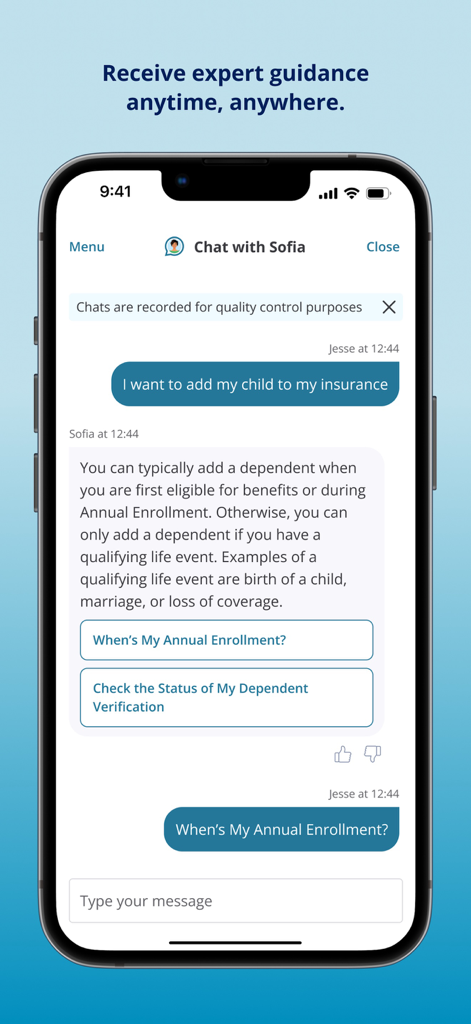 MyChoice Benefits - A smartphone screen showing the MyChoice Benefits app chat feature where the Sofia AI assistant answers questions about insurance enrollment