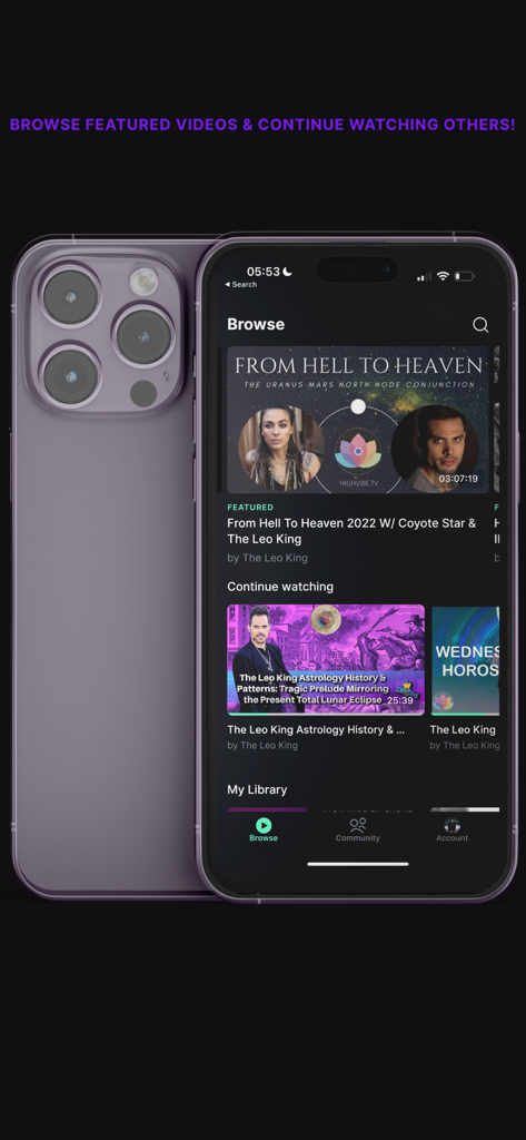 High Vibe TV Spiritual Network - High Vibe TV mobile app interface showing spiritual video content and astrology reports.