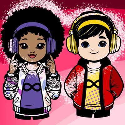 an afroamerican girl with headphones and a boy with headphones, they have an ♾️ symbol on their shirt