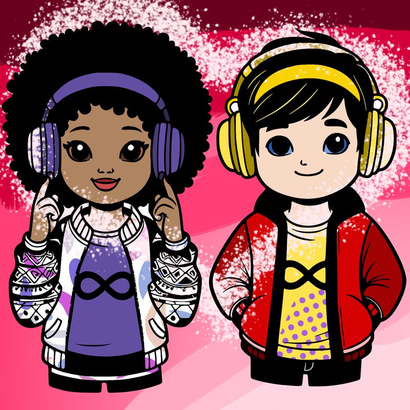 an afroamerican girl with headphones and a boy with headphones, they have an ♾️ symbol on their shirt