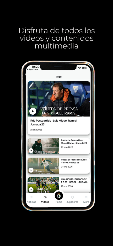 Burgos CF - App Oficial - Seção de multimídia do aplicativo oficial do Burgos CF mostrando conferências de imprensa e destaques de partidas