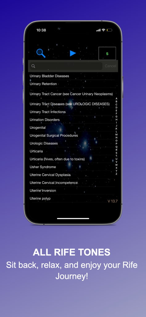 ROYAL RIFE APP - Royal Rife App interface showing a list of health conditions for frequency therapy