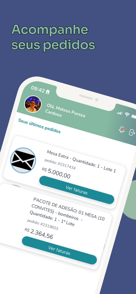 Écran de l'application Formo Brasil SP montrant le suivi des commandes de remise de diplômes et le statut des factures