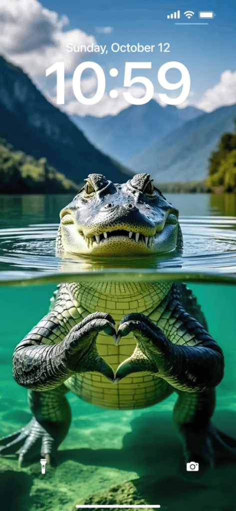 Aesthetic Wallpaper: MoodyWall - Pantalla de bloqueo de iPhone que muestra un lindo cocodrilo haciendo una forma de corazón en un pintoresco paisaje de lago