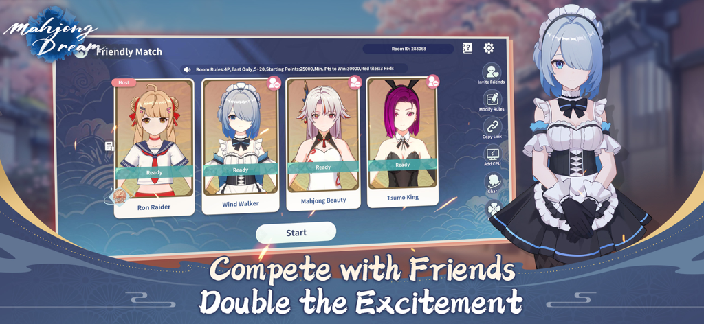 Pantalla del lobby de partida amistosa de Mahjong Dream mostrando a cuatro personajes anime listos para jugar.