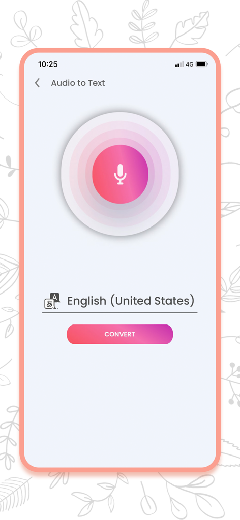 「変換」ボタンがあり、英語（米国）の音声からテキストへの変換機能が表示されたVoice Recorderアプリのインターフェース