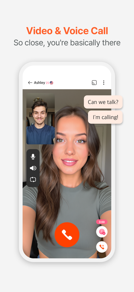 Video and voice call interface on the DaTalk anonymous chat app showing two users connecting