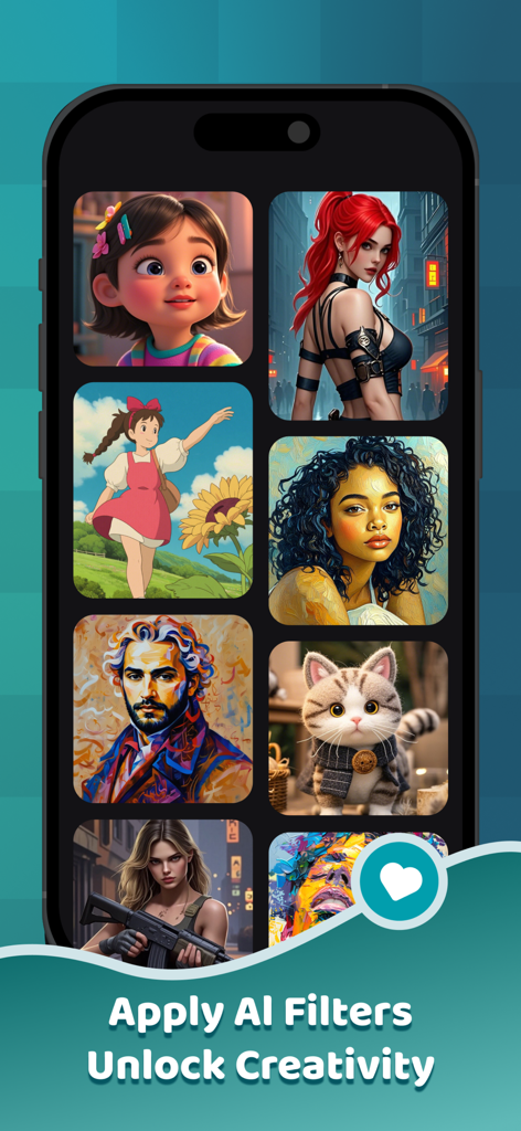 AI Vista - A smartphone screen displaying a grid of various AI generated art styles and filters in the AI Vista app