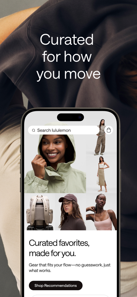 lululemon - Lululemon app screen displaying curated favorites and shop recommendations button