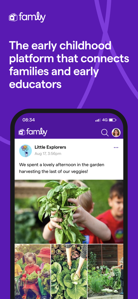 Famly App - Feed de noticias de la aplicación Famly que muestra fotos de niños cultivando en un preescolar