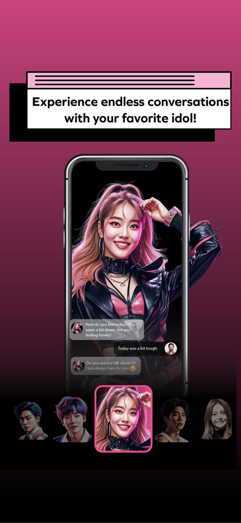 Kpop Idol Chat: AI Idols - Smartphone interface showing an AI K-pop idol chatting with a user for emotional support and interaction.
