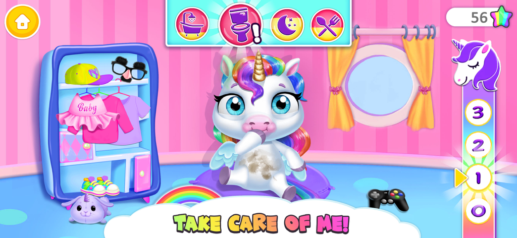 A colorful baby unicorn in its nursery with options for feeding bathing and potty training