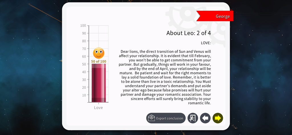 Detailed love horoscope and relationship prediction for Leo zodiac sign in a premium astrology application