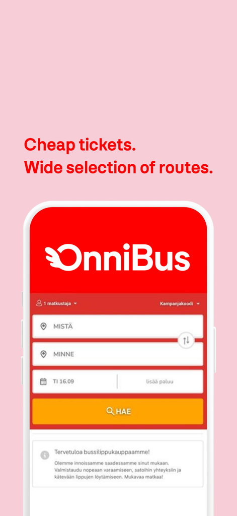 OnniBus mobile app ticket booking screen with cheap travel tagline