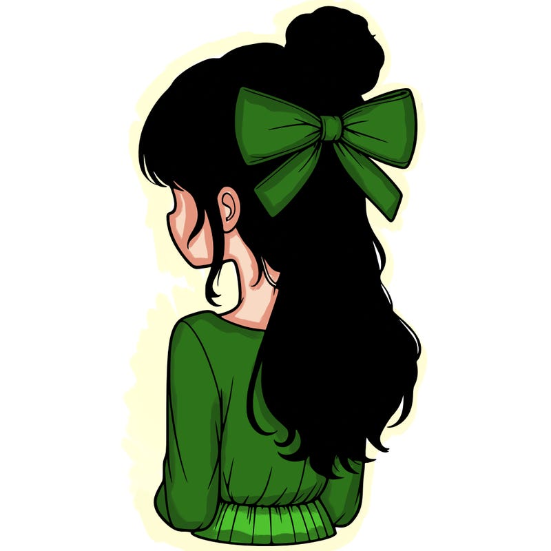 realistic girl  with hip length hair a bun and a big bow on the back of head