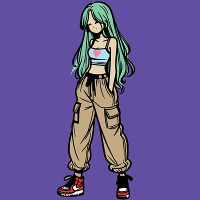 girl in baggy pants crop top and long hair