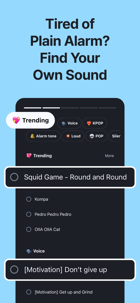 Interface of the Alarmy app displaying various alarm sound categories including trending music and motivational voices