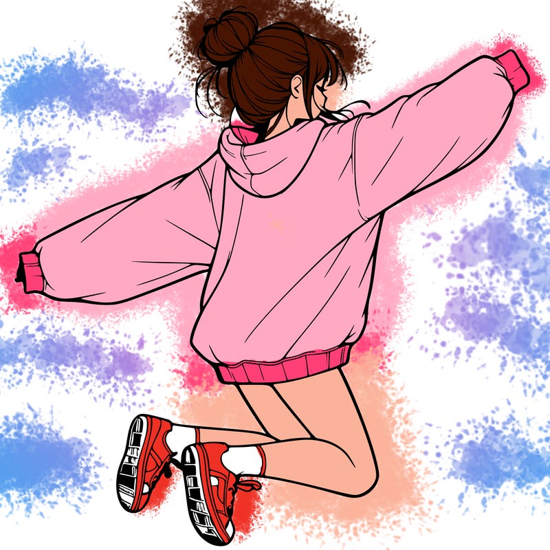 realistic girl jumping with a bun and oversized sweatshirt