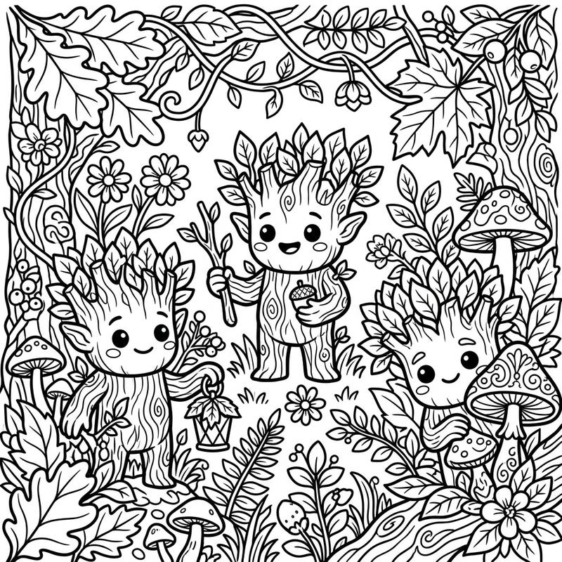Delight in this enchanting coloring page featuring adorable Kawaii Wood Trolls nestled within a richly detailed forest. Their charming expressions and the whimsical surroundings offer a magical coloring experience for all ages.
