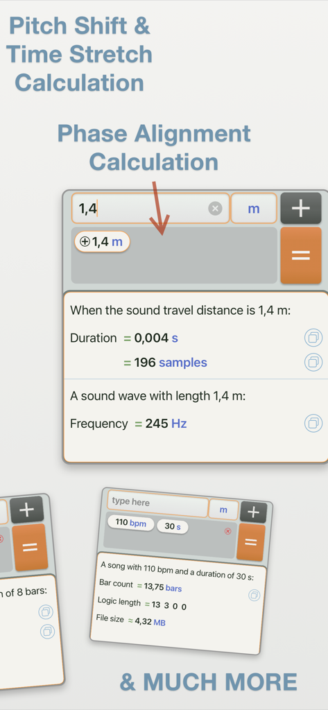 Studio Calculator - Studio Calculator app interface showing phase alignment and pitch shift calculations for music production