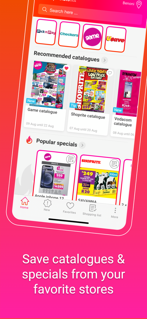 Startbildschirm der mobilen App Cataloguespecials, auf dem Einzelhandelskataloge und beliebte Geschäftsangebote angezeigt werden