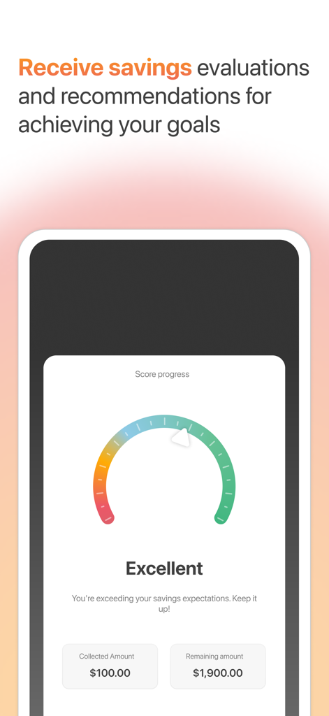 Goal Tracker: Save & Budget - A visual savings progress gauge showing an excellent score in the Goal Tracker app interface