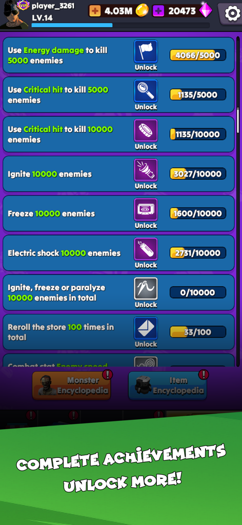 Idle Zombie Wave: Survival TD - Achievement screen in Idle Zombie Wave Survival TD showing various combat goals and progress bars