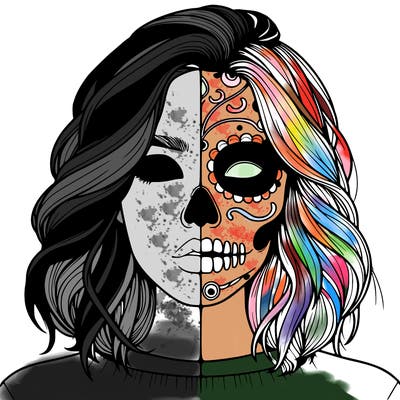 realistic girl with half a mexican skull mask