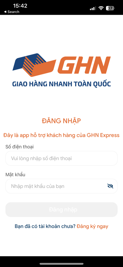 GHN - Nhanh KH - Login screen of the GHN Nhanh KH express delivery mobile app
