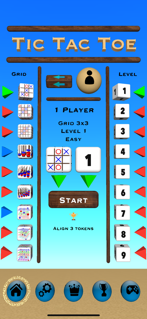 Hauptmenü der Tic Tac Toe 3D Brettspiel-App mit Auswahl für Gittertypen und Schwierigkeitsgrade