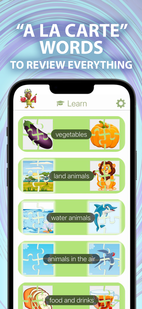 Language Learning ParryLingo - Educational app interface showing word categories for kids like vegetables and animals