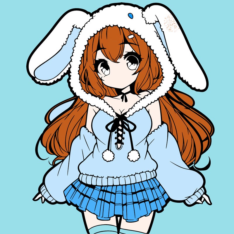pretty anime girl wearing a fluffy hoodie with bunny ears on the hood and a skirt