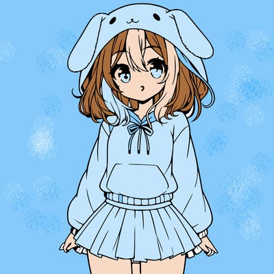 pretty anime girl wearing a fluffy hoodie with bunny ears on the hood and a skirt