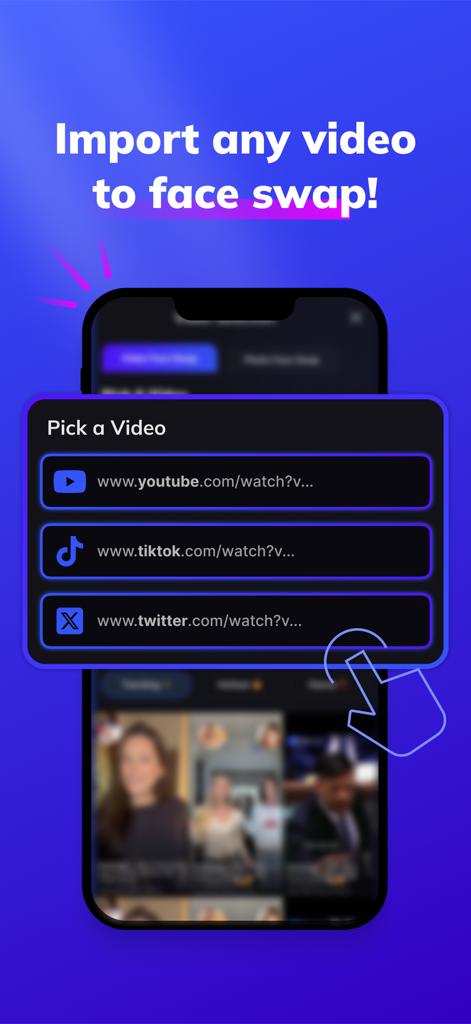 User interface of Vizia app showing video import options from YouTube TikTok and X for face swapping.