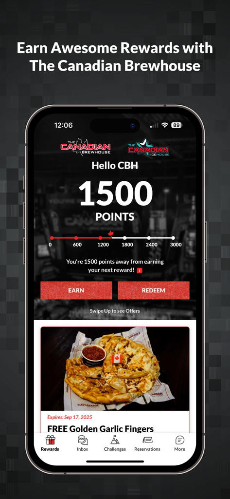 CBH Rewards - CBH Rewards app dashboard showing loyalty points balance and a free garlic fingers food offer