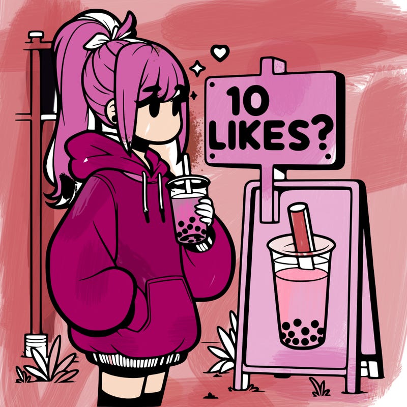 girl with oversized hoodie drinking boba and she has a high ponytail with a sign that says 10likes?