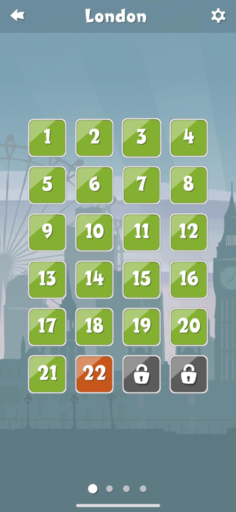 Move the Box - Level selection screen for London in Move the Box game showing completed and locked levels