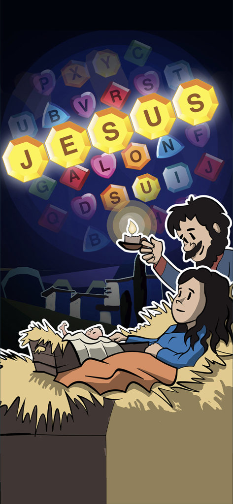 Cartoon illustration of Mary, Joseph, and baby Jesus in a manger with a glowing word puzzle spelling out the name Jesus