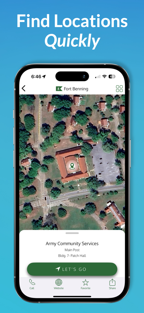 Satellite map view in the GuideOn Military app showing location of Army Community Services at Fort Benning