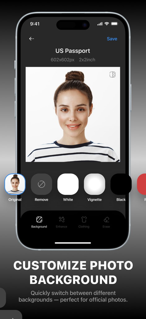 Passport & Visa Photo Maker ID - Smartphone screen showing a US passport photo background editor with multiple color options