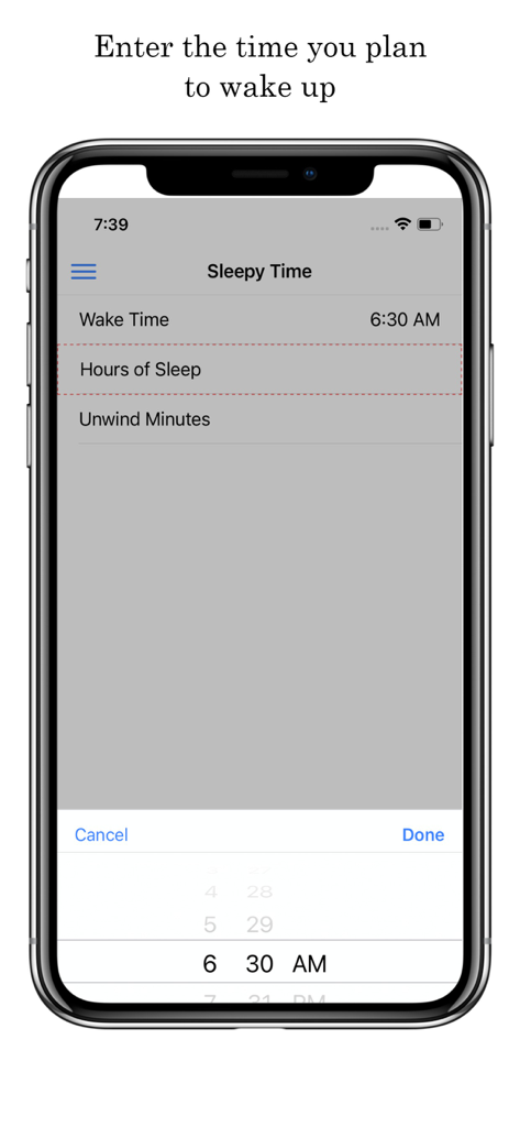 Sleepy Time - Time for Bed - Sleepy Time 앱 인터페이스에 오전 6시 30분으로 설정된 기상 시간 설정이 표시됩니다.