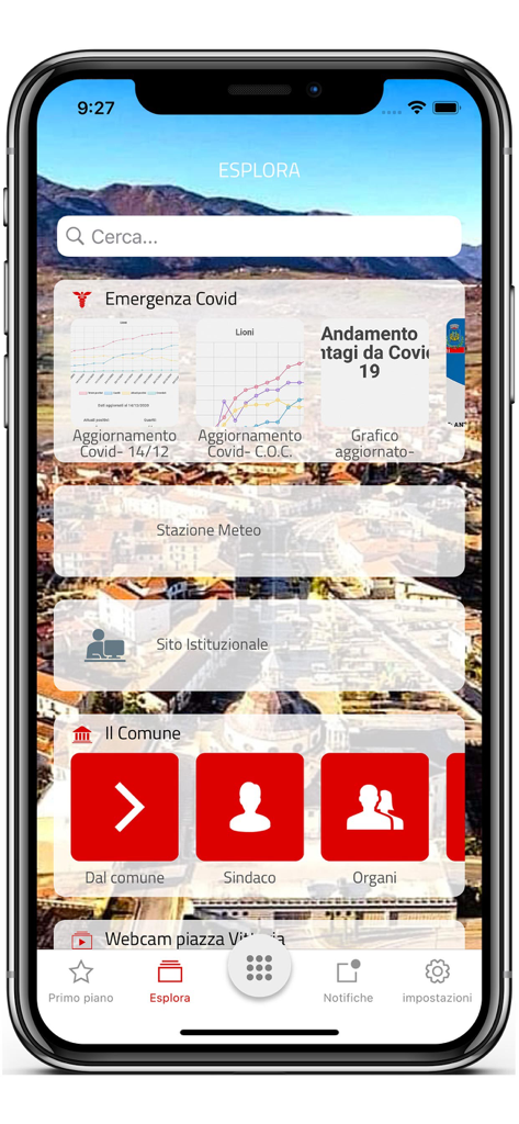 Pantalla de exploración de la aplicación móvil MyLioni que muestra información y servicios municipales