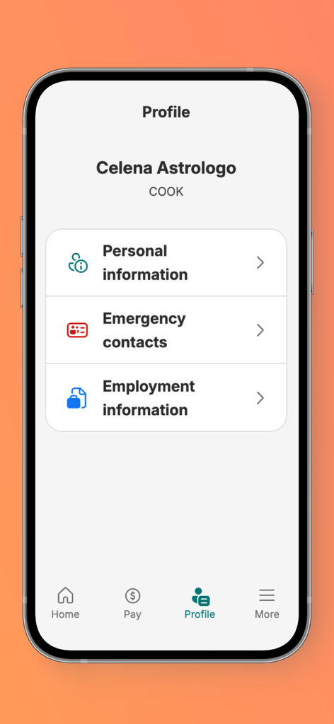 Payworks Self Service - Tela de perfil do funcionário no aplicativo Payworks Self Service mostrando categorias de informações pessoais e de emprego
